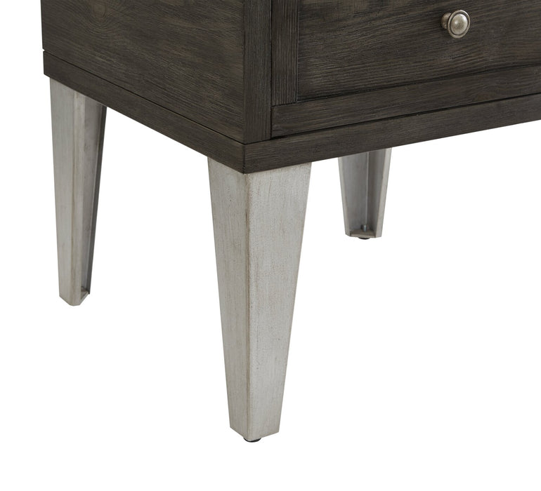 London 19\" Industrial End Table – Grey Wood Finish and Silvery Metal Legs   