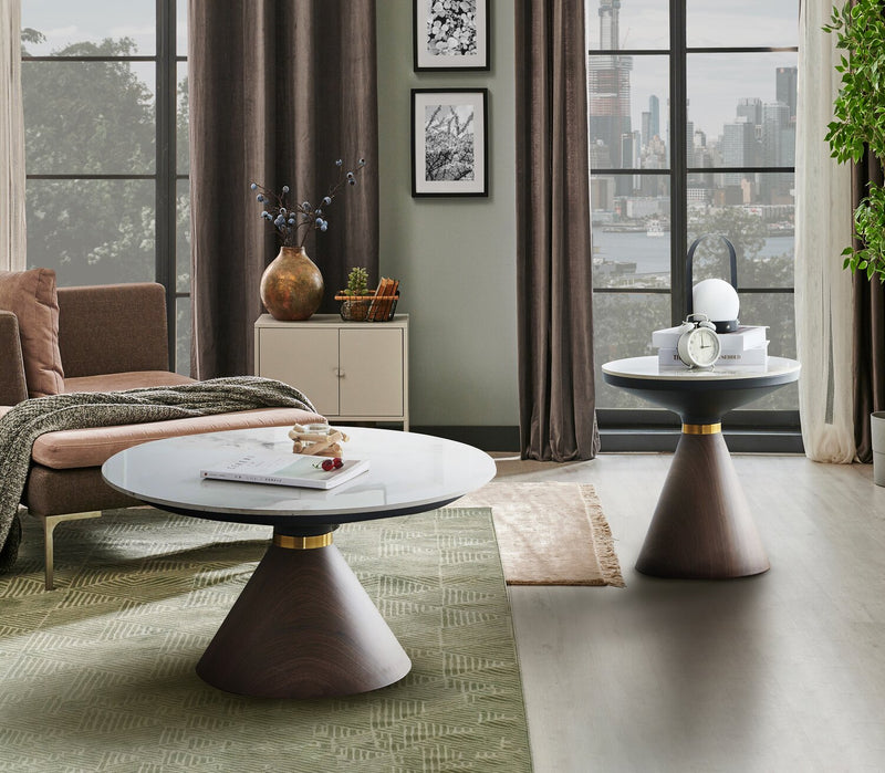 Alwin 19.5” Modern Round End Table with White Sintered Stone Top - Brown