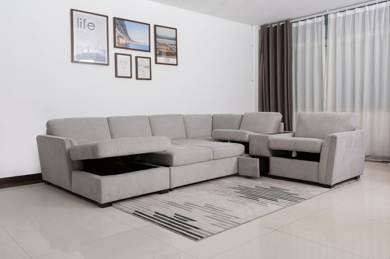 Vault 6-Piece Left-Facing Sectional with Sofa Bed Loveseat, Two Storage Chairs and Storage Chaise - Grey