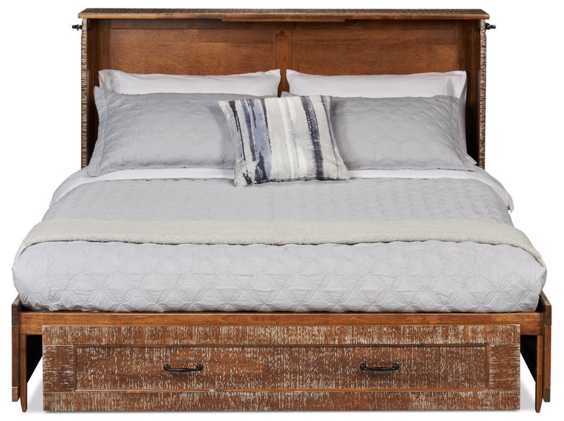 Parker Cabinet Bed with Memory Foam Mattress,  Weathered Brown - Queen Size