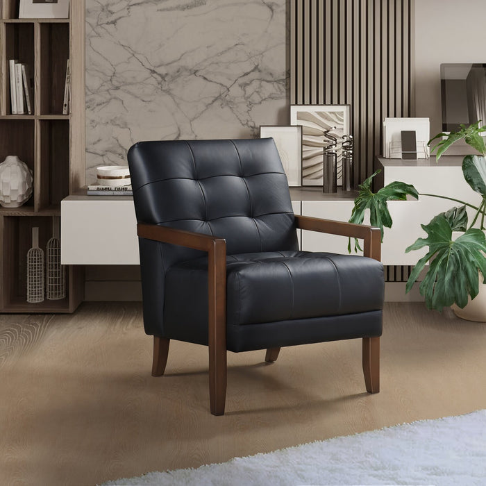 Enzo 26\" Genuine Leather Accent Chair with Biscuit Tufting, Track Arms and Wood Legs - Black