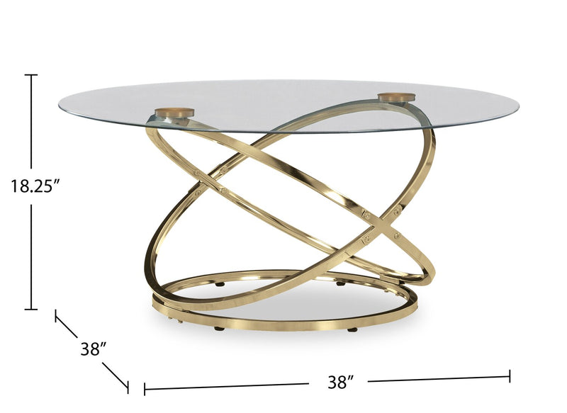 Joyce 38\" Glam Round 3-Pack Coffee + 2 End Tables - Gold Metal Base with Glass Top