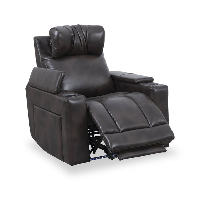 Scott Living Escape 39\" Power Reclining Chair with Power Headrest and Surround Sound - Dark Brown Leather-Look Fabric