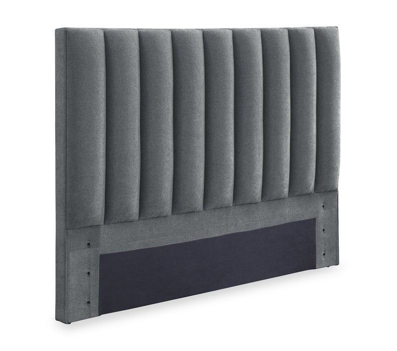 Amos Upholstered Storage Bed in Charcoal Fabric with Channelled Headboard & 3 Built-in Drawers - Queen Size