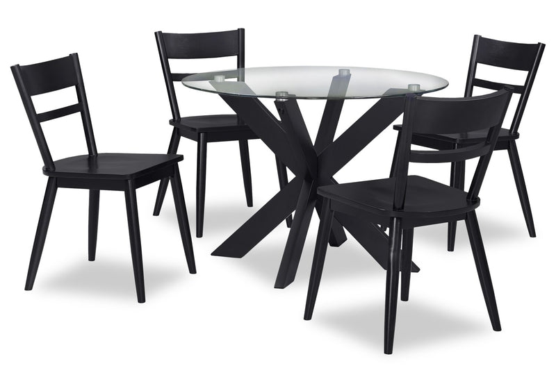 Remi Dining Table with Glass Top & Wood Geometric Base, 42\"W Round - Black
