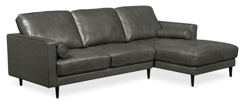 Edge 2-Piece Right-Facing Genuine Leather Sectional with Wood Legs and Removable Back Cushions - Grey
