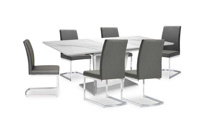 Naya 7pc Dining Package with 63-78.75\"W Extension Table & 6 Chairs - Faux White Marble & Grey