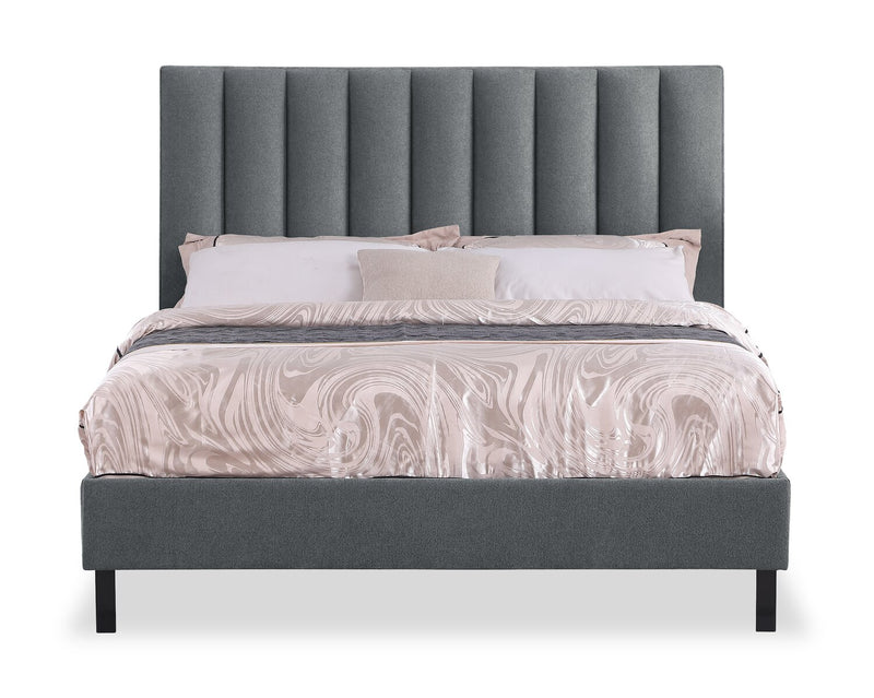 Amos Upholstered Platform Bed in Charcoal Fabric with Channelled Headboard - King Size