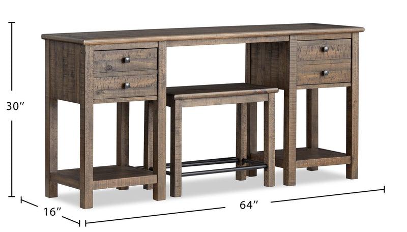 Edwin 64” Country Pine Sofa Table with Storage and Stool - Homestead Brown