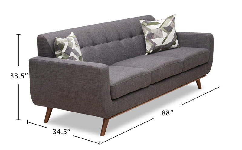 Kort & Co. Freeman 88\" Linen-Look Fabric Sofa with Wood Base and Tufted Back Cushions - Charcoal Grey