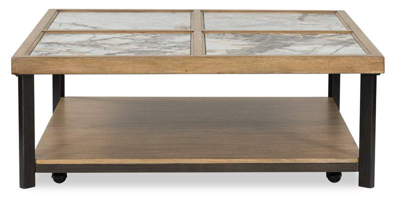 Marina 48” Contemporary Coffee Table with Stone Tiles, Shelf and Casters - Natural
