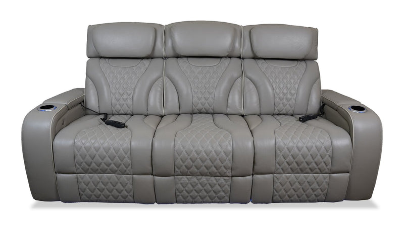 Elite 86\" Genuine Leather Massage Power Reclining Sofa with Immersive Audio and Power Headrests - Putty