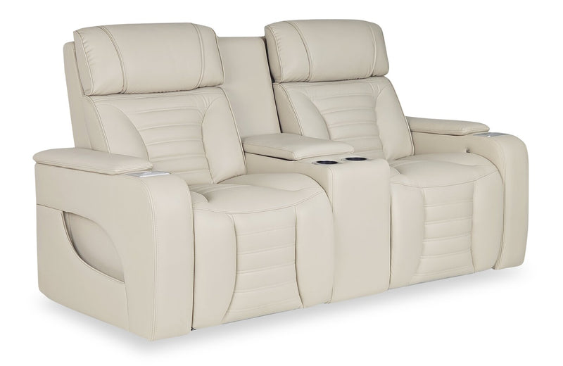 Zen 75.5\" Leather-Look Fabric Power Reclining Massage Loveseat with Refrigerator Console - Apricot