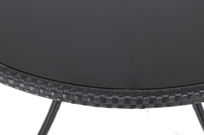 Arizona Outdoor Patio Table - Hand-Woven Resin Wicker, Round Tempered Glass Table Top, UV & Weather Resistant - Black