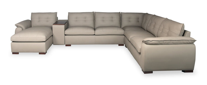 Raya Modular 5-Piece Left-Facing Genuine Leather Sectional with Storage Console and Wood Legs - Stone Beige