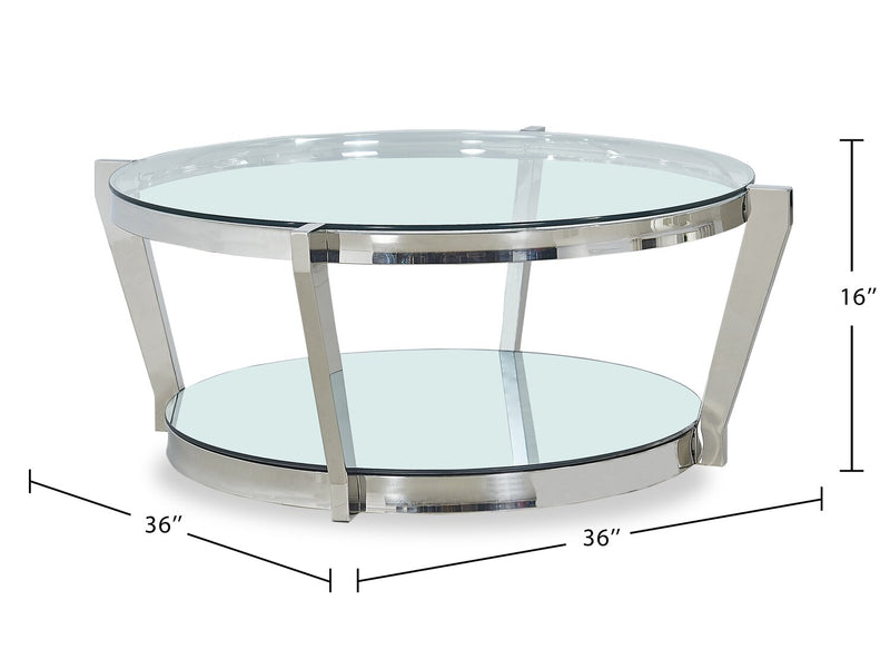 Yonge 36\" Modern Round Glass Top Coffee Table with Shelf - Chrome Finish with Stainless Steel