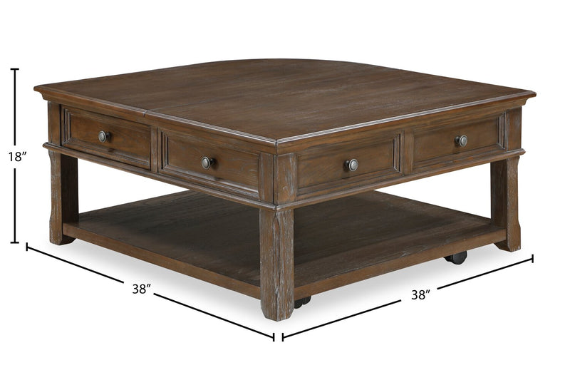 Weston 38” Traditional Lift Top Coffee Table with Storage and Casters - Brown Elm