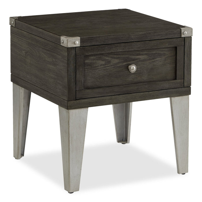 London 19\" Industrial End Table – Grey Wood Finish and Silvery Metal Legs   