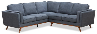 Kort & Co. Kassia 2-Piece Linen-Look Fabric Sectional with Wood Base and Legs - Blue | Sofa sectionnel Kassia de Kort & Co. 2 pièces en tissu d’apparence lin avec base et pattes en bois - bleu