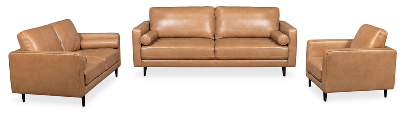 Edge 70\" Genuine Leather Loveseat with Wood Legs and Removable Back Cushions - Brown
