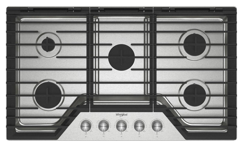 Whirlpool 36\" Gas Cooktop with Fifth Burner and EZ-2-Lift™ Hinged Cast-Iron Grates - WCGK7036PS