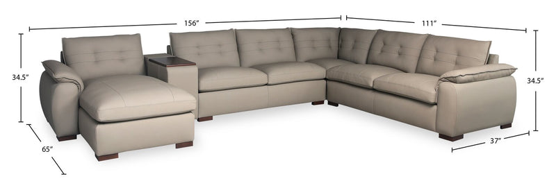 Raya Modular 5-Piece Left-Facing Genuine Leather Sectional with Storage Console and Wood Legs - Stone Beige