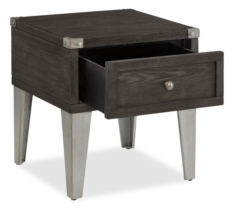 London 19\" Industrial End Table – Grey Wood Finish and Silvery Metal Legs   