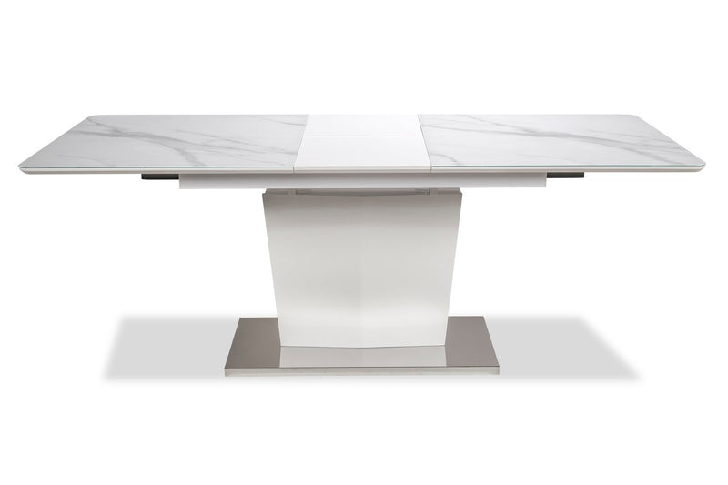 Naya Dining Table, 63-78.75\"W Self-Storing Butterfly Leaf, Metal, Glass, Faux Marble – White