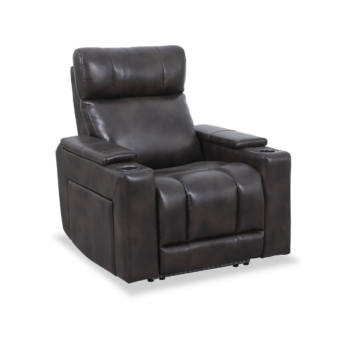 Scott Living Escape 39\" Power Reclining Chair with Power Headrest and Surround Sound - Dark Brown Leather-Look Fabric