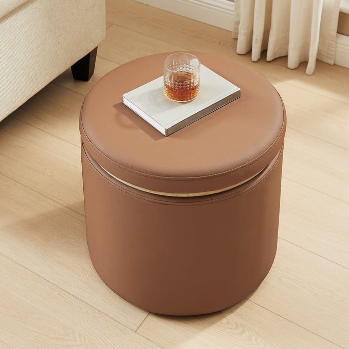 Manitoba 18\" Round Storage Ottoman - Brown Faux Leather