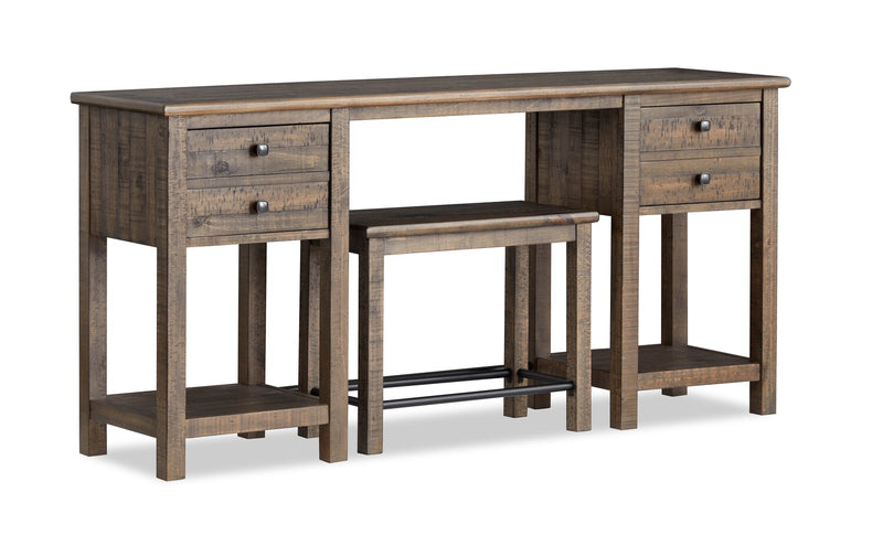 Edwin 64” Country Pine Sofa Table with Storage and Stool - Homestead Brown