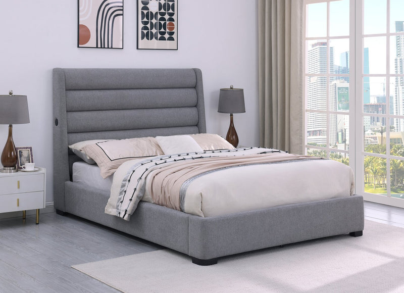 Jade Upholstered Platform Bed with USB Ports in Grey Fabric - King Size