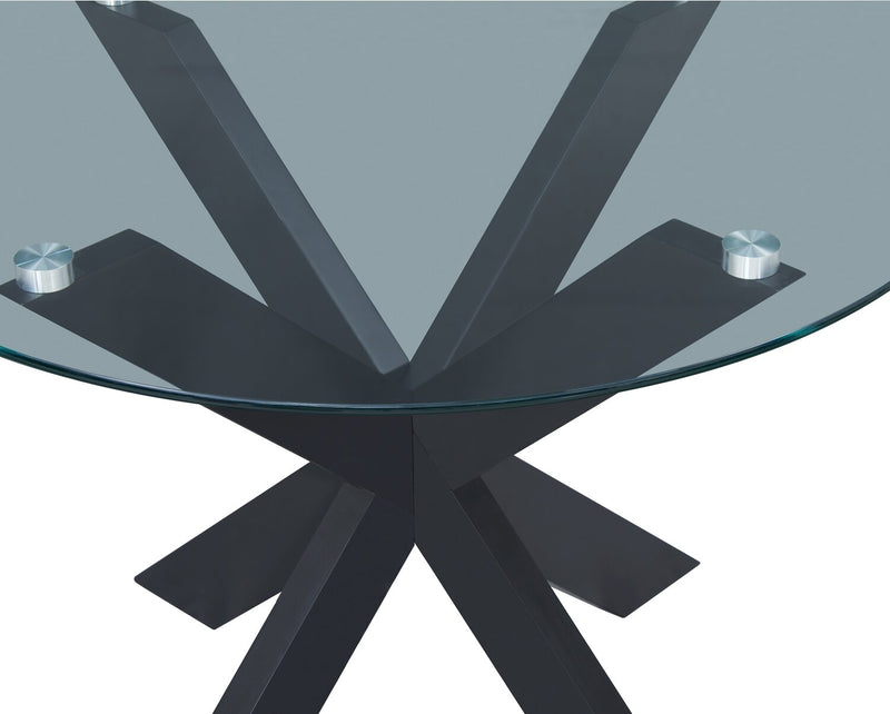 Remi Dining Table with Glass Top & Wood Geometric Base, 42\"W Round - Black
