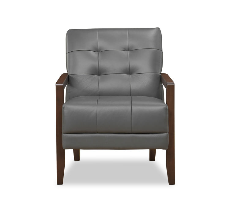 Enzo 26\" Genuine Leather Accent Chair with Biscuit Tufting, Track Arms and Wood Legs - Dark Grey
