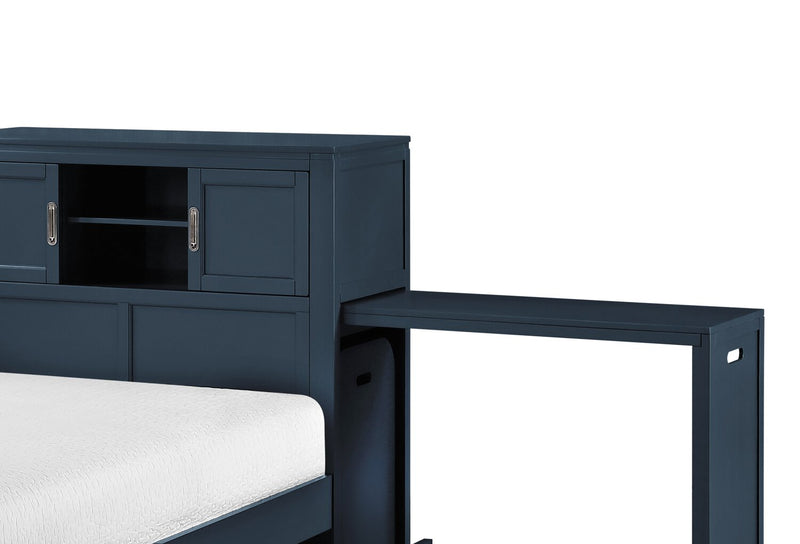 Quinn Platform Bed with Bookcase Headboard, Built-in Desk & Stool, Blue - Twin Size