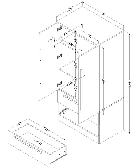 Alex Bedroom 2-Drawer Chest with Storage Cabinet, 33\"W x 68.5\"H - Black