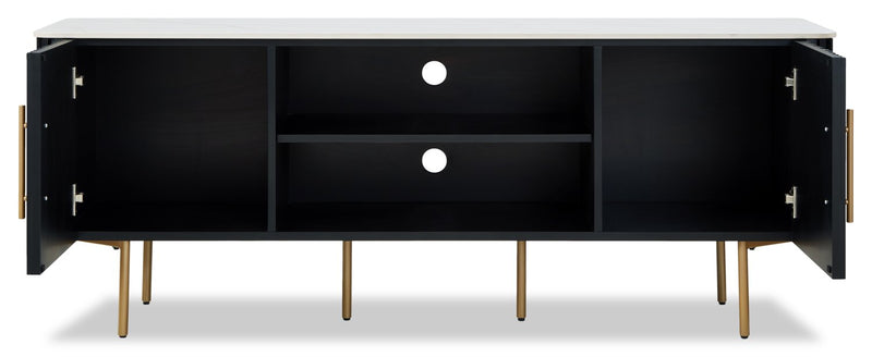 Kort & Co. Capri 60” Modern TV Stand with White Sintered Stone Top, Storage and Cable Management for TVs up to 65” - Black and Gold