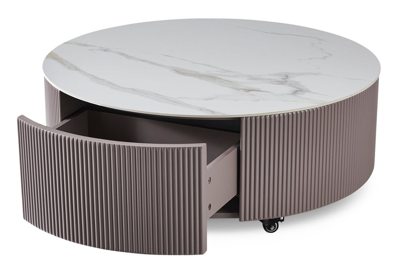 Circa 31.5\" Modern Round Coffee Table with White Sintered Stone Top, Storage and Casters - Grey-Taupe