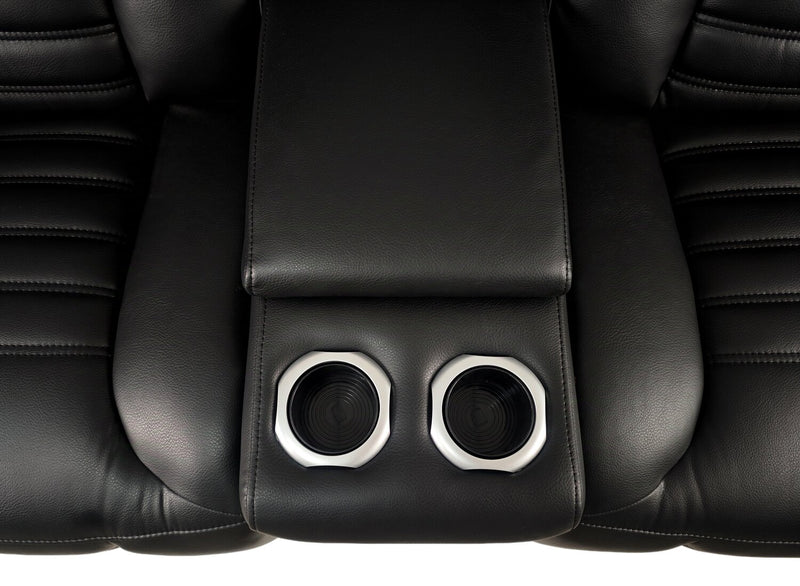 Zen 75.5\" Leather-Look Fabric Power Reclining Massage Loveseat with Refrigerator Console - Black