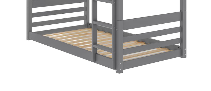 Gemma Twin Over Twin House Bunk Bed with Roof, Built-in Ladder & Guardrails for Kids - Grey