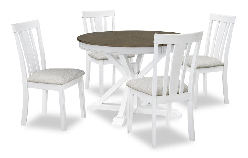 Brook 5pc Dining Set with Table & 4 Chairs, 42-54\"W Extension, Round - White/Brown