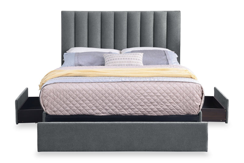 Amos Upholstered Storage Bed in Charcoal Fabric with Channelled Headboard & 3 Built-in Drawers - King Size