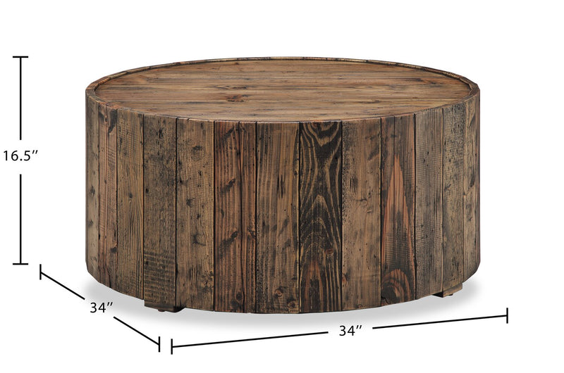 Martel 34\" Rustic Round Coffee Table with Casters - Rustic Pine
