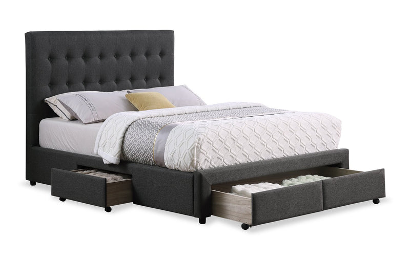 Beck Upholstered Storage Bed in Dark Grey Fabric, Button Tufted - Queen Size