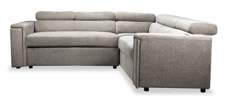 Savvy 3-Piece Linen-Look Fabric Sectional with Adjustable Headrests, Cupholders and USB Port - Grey