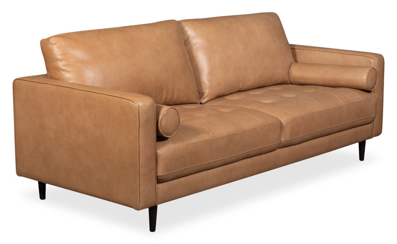 Edge 86\" Genuine Leather Sofa with Wood Legs and Removable Back Cushions - Brown