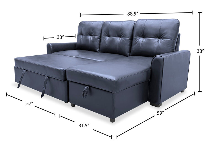 Carter 2-Piece Right-Facing Leather-Look Fabric Sleeper Sectional with Storage Chaise - Black