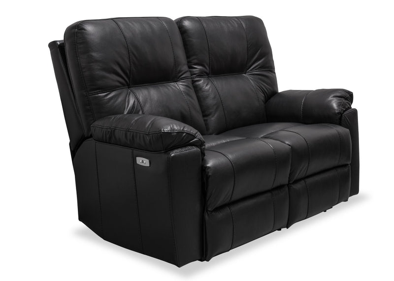 Made in Canada Dawson 64\" Genuine Leather Power Reclining Loveseat with USB Port and Accent Pillows – Black