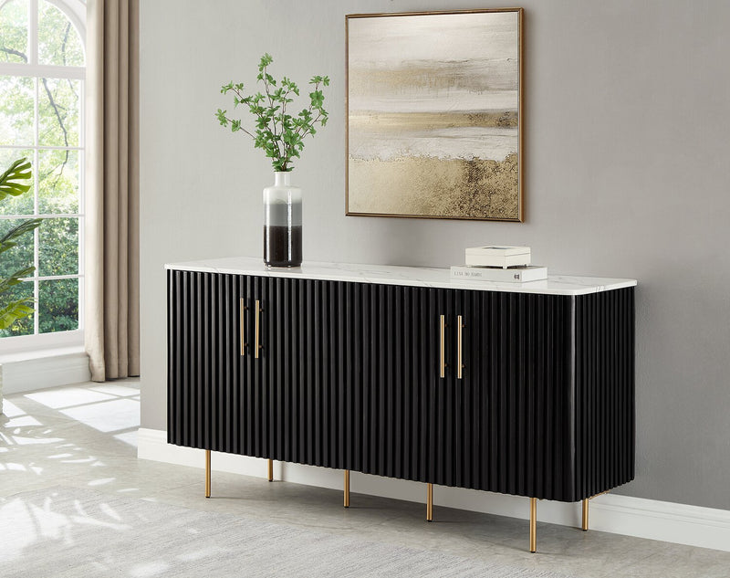 Kort & Co. Capri Dining Server with Storage, Marble-Look Top & Gold Accent, 66\"W - Black/White