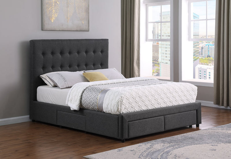 Beck Upholstered Storage Bed in Dark Grey Fabric, Button Tufted - Full Size